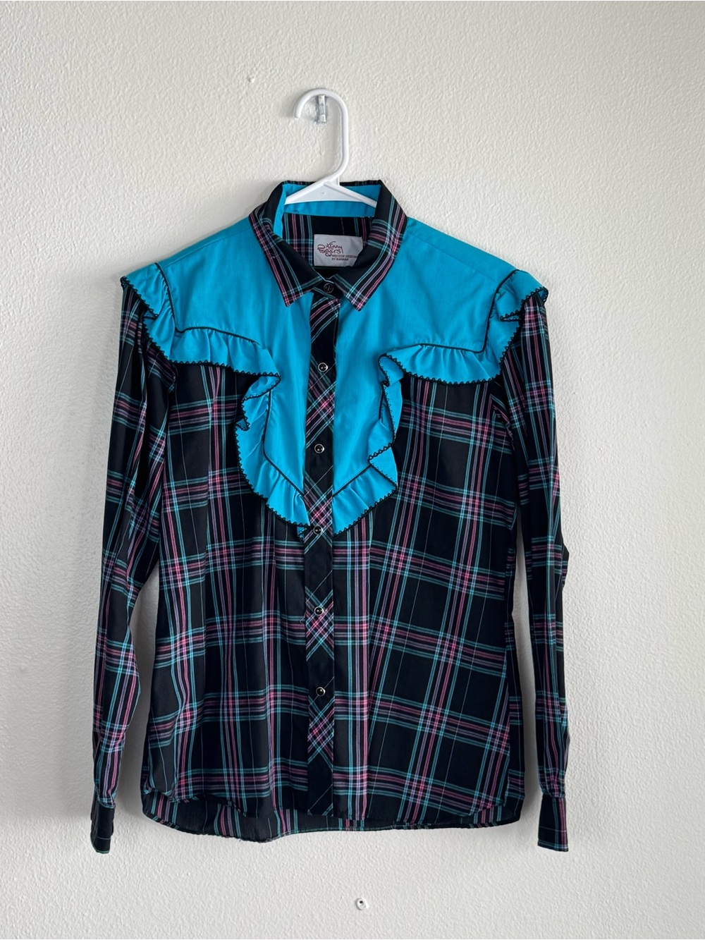 Kenny Rogers Western Collection Plaid Ruffle Pearl Snap Shirt Turquoise S/M